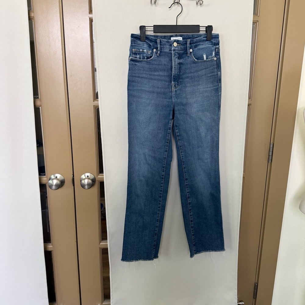 Good American Womens 2/26 Blue‎ Medium Wash High Rise Raw Hem Straight Leg Jeans